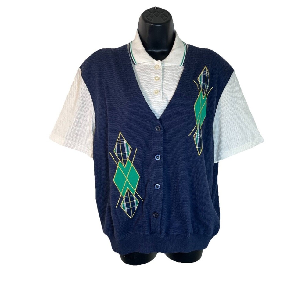 Alfred Dunner Women’s Argyle VTG Golf Sweater Vest over White Polo Shirt Size L